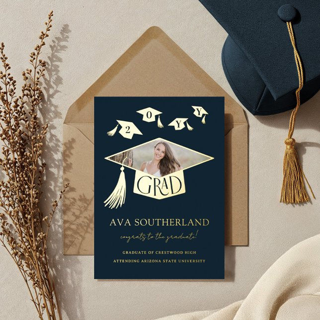 Grad Cap Tassel Photo Graduation Foil Announcement (Grad Cap Tassel Photo Graduation Foil Announcement)
