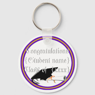 Grad Cap Tilt & Diploma w/ Colors Purple & Gold Key Ring
