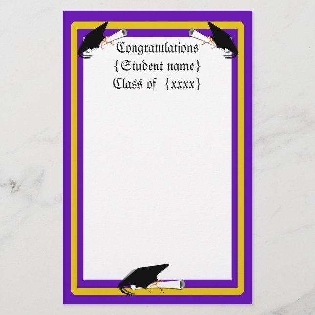 Grad Cap Tilt & Diploma  w/ Colours Purple & Gold Stationery (Front)