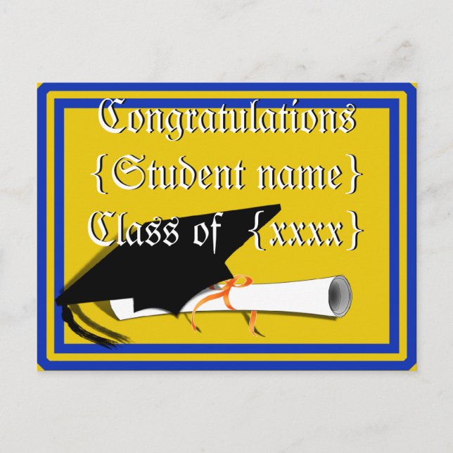Grad Cap Tilt w/ School Colours Blue And Gold Postcard (Front)