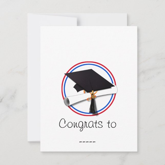 Grad Cap w/Diploma - Red & Blue School Colours Invitation (Front)