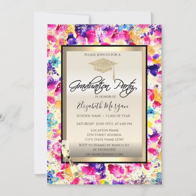 Grad Cap,Wine Glass,Confetti Flowers Graduation Invitation (Front)