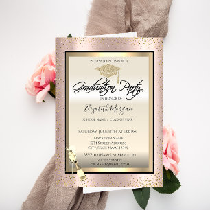 Grad Cap,Wine Glass,Confetti Rose Gold Graduation Invitation