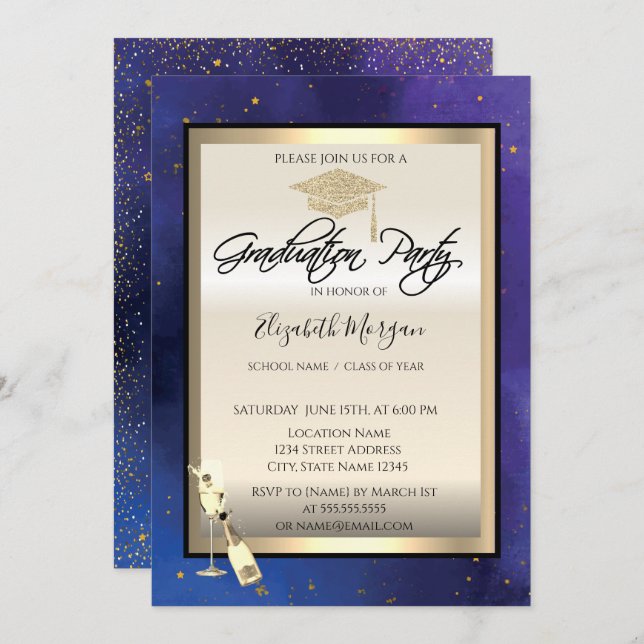 Grad Cap,Wine Glass,Stars Navy Blue Graduation  Invitation (Front/Back)