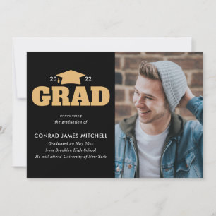 GRAD Cap Year Graduate Black Gold Photo Graduation Announcement
