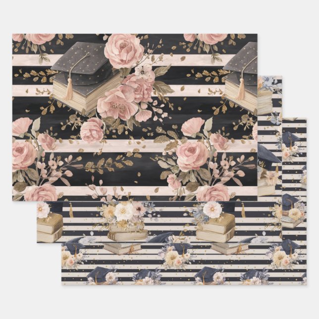 Grad Caps & Roses Trio Wrapping Paper Sheet (Set)