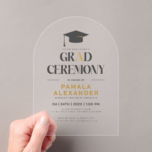 Grad Ceremony Gold and Grey Retro Typography Acrylic Invitations (Insitu (Handheld))