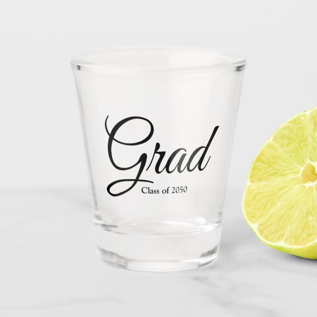 Grad class of 2024 black custom script text shot glass (Front)