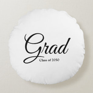 Grad class of 2024 black white custom script text round cushion