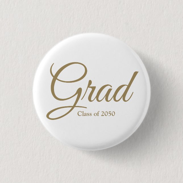 Grad class of 2024 gold white custom script text 3 cm round badge (Front)