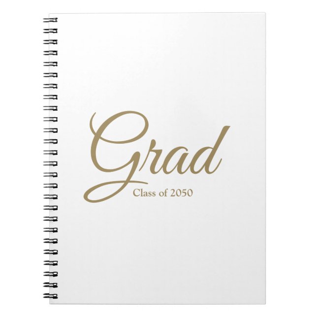 Grad class of 2024 gold white custom script text notebook (Front)