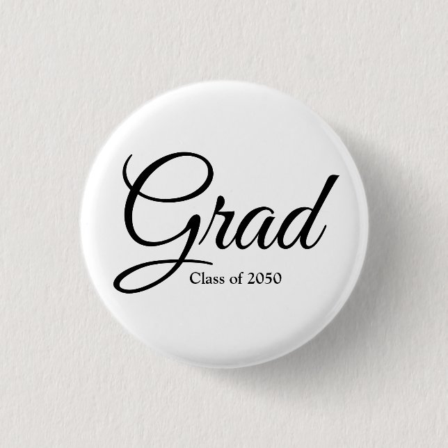 Grad class of 2024 white black custom script text 3 cm round badge (Front)