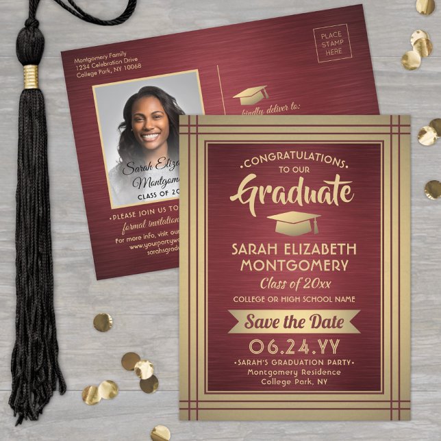 Grad Congrats Burgundy & Gold Save the Date Photo Announcement Postcard (Creator Uploaded)