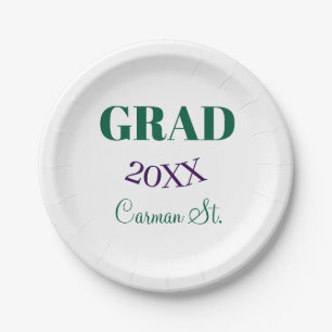 grad congrats green purple bold year 20XX graduate Paper Plate