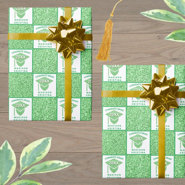 Grad Glam Green Cap Celebration Graduation Wrapping Paper (Creator Uploaded)