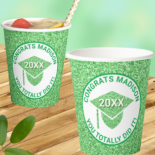 Grad Glam Green Cap Chic Elegant School Party Paper Cups