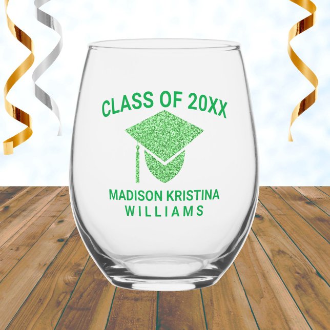 Grad Glam Green Cap Name Class Of Graduation Stemless Wine Glass (Creator Uploaded)