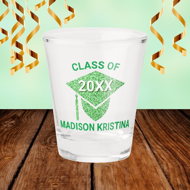 Grad Glam Green Cap Personalized Chic Elegant Shot Glass (Creator Uploaded)