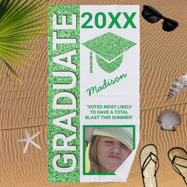 Grad Glam Green Cap Summer Photo Typography Beach Towel (Creator Uploaded)
