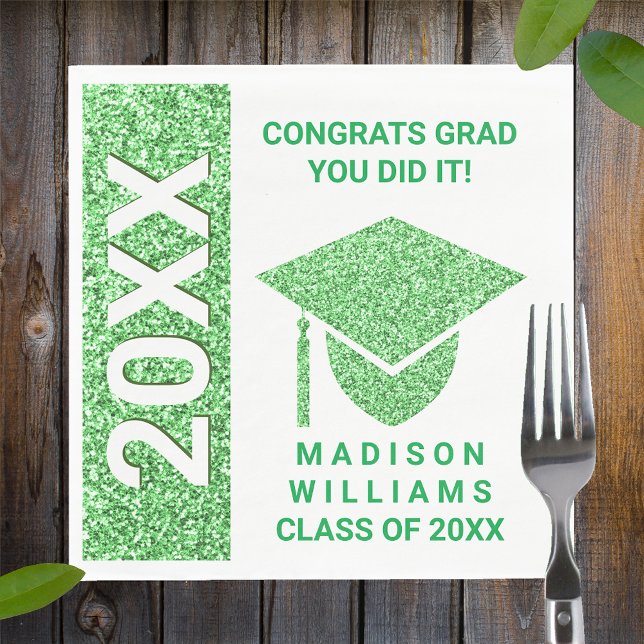 Grad Glam Green Cap Typography Simple Party Napkin (Creator Uploaded)