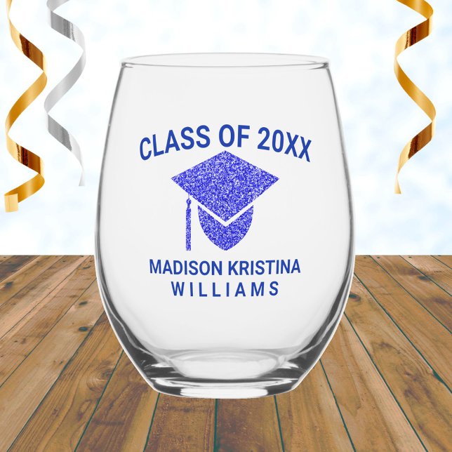 Grad Glam Navy Cap Name Class Of Graduation Stemless Wine Glass (Creator Uploaded)