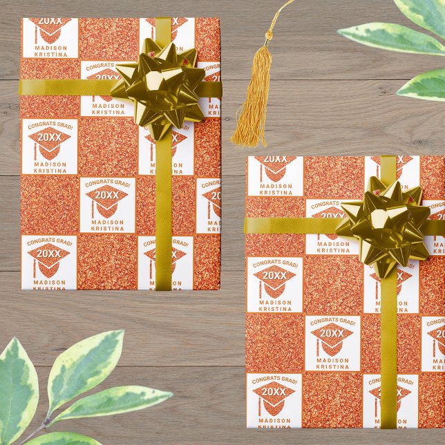 Grad Glam Orange Cap Celebration Graduation Wrapping Paper (Creator Uploaded)