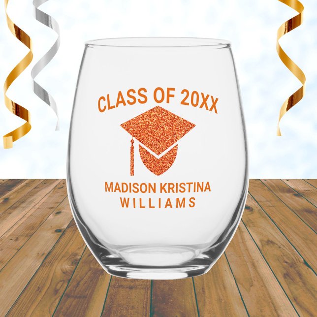 Grad Glam Orange Cap Name Class Of Graduation Stemless Wine Glass (Creator Uploaded)