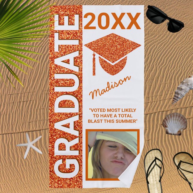 Grad Glam Orange Cap Summer Photo Typography Beach Towel (Creator Uploaded)