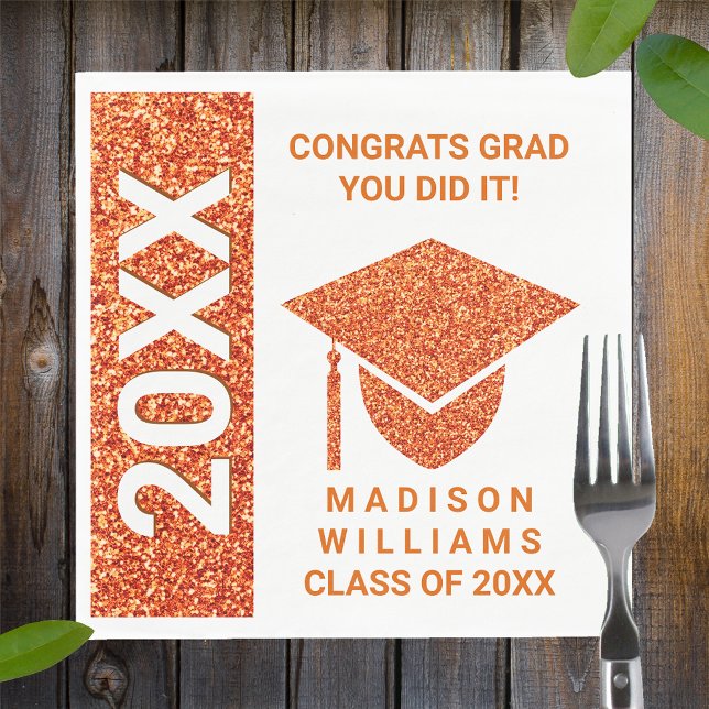 Grad Glam Orange Cap Typography Simple Party Napkin (Creator Uploaded)