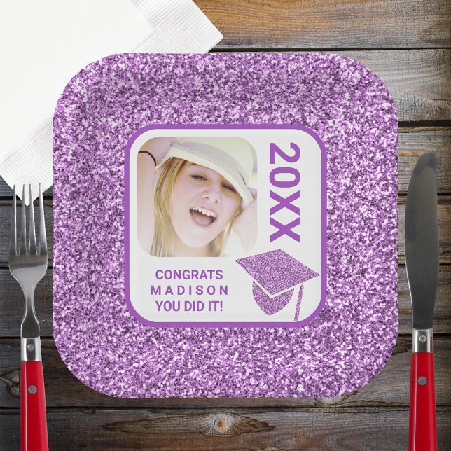 Grad Glam Purple Cap Elegant Cool Photo Party Paper Plate (Creator Uploaded)
