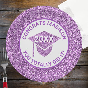 Grad Glam Purple Cap Elegant Graduation Party Paper Plate