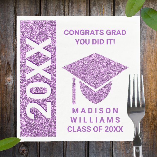 Grad Glam Purple Cap Typography Simple Party Napkin (Creator Uploaded)