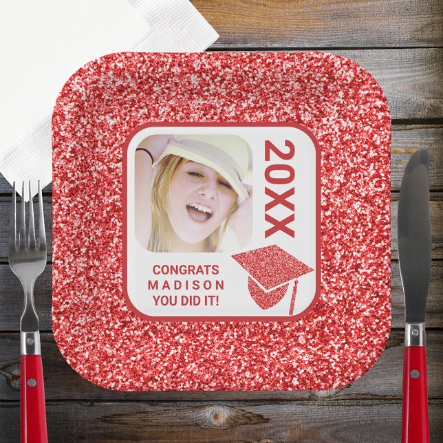 Grad Glam Red Cap Elegant Cool Photo Party Paper Plate (Creator Uploaded)