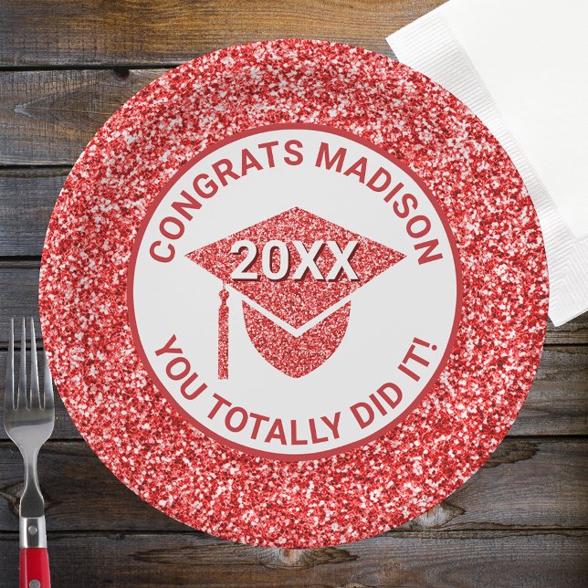 Grad Glam Red Cap Elegant Graduation Party Paper Plate (Creator Uploaded)