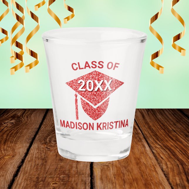 Grad Glam Red Cap Personalised Chic Elegant Shot Glass (Creator Uploaded)