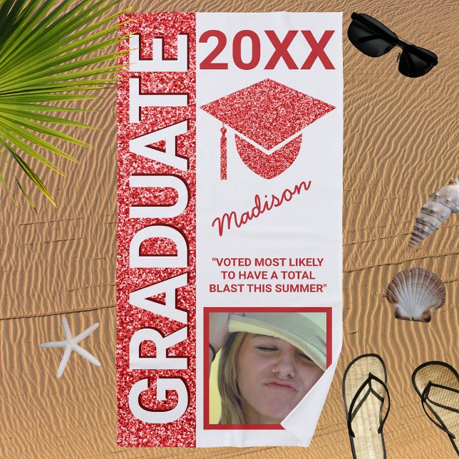 Grad Glam Red Cap Summer Photo Typography Beach Towel (Creator Uploaded)