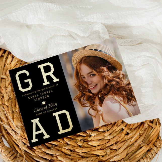GRAD gold foil text graduation Announcement (Creator Uploaded)