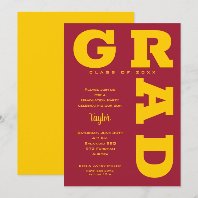 GRAD Gold on Crimson Graduation Invitation (Front/Back)