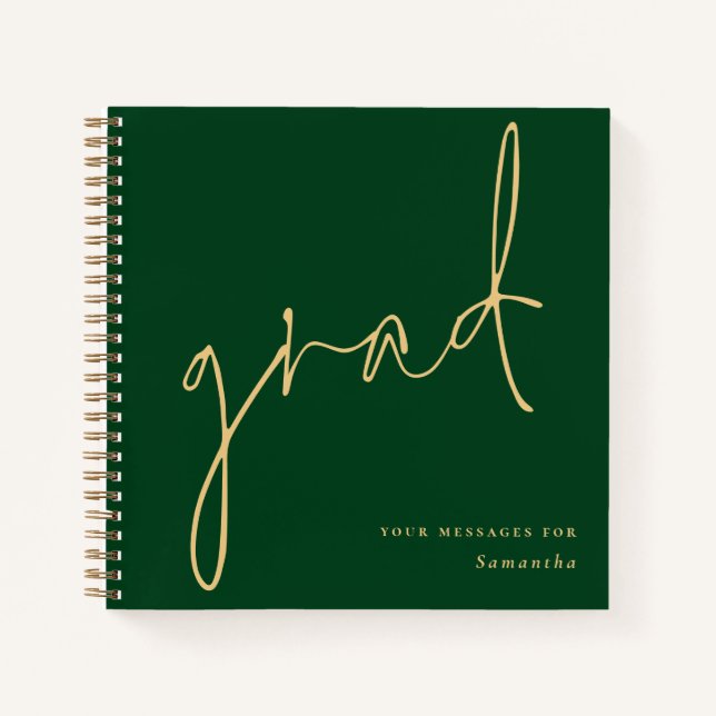 Grad Gold Script Green Graduation Guest Book (Front)