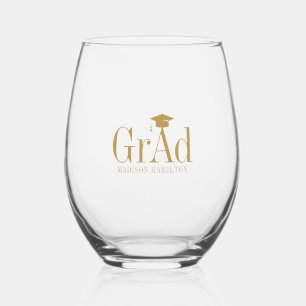 Grad:  Gold Typography Name Graduation Hat Stemless Wine Glass