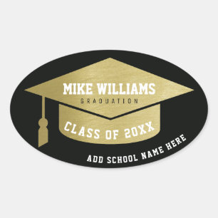 grad / graduate / graduation faux gold / black oval sticker