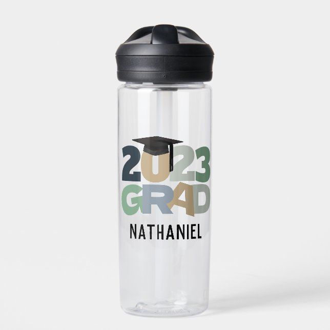 Grad Graduation Hat Personalised Name Year Water Bottle (Front)