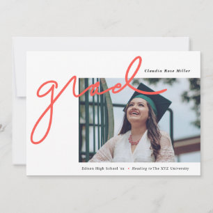Grad Handwritten in Coral Modern Photo Graduation Announcement