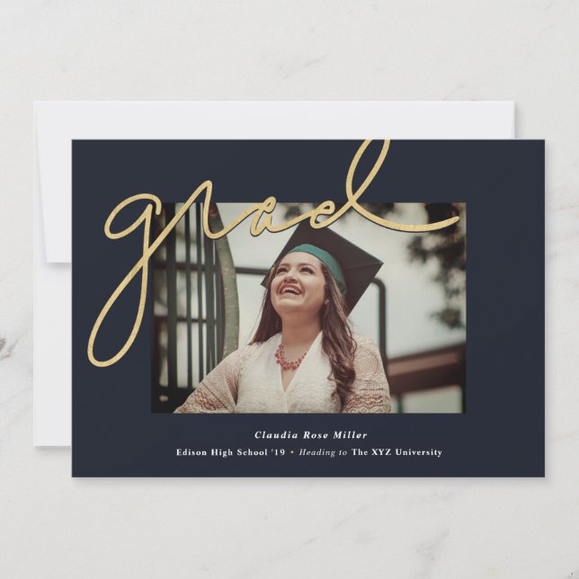 Grad Handwritten in Gold on Navy Photo Graduation Announcement (Front)