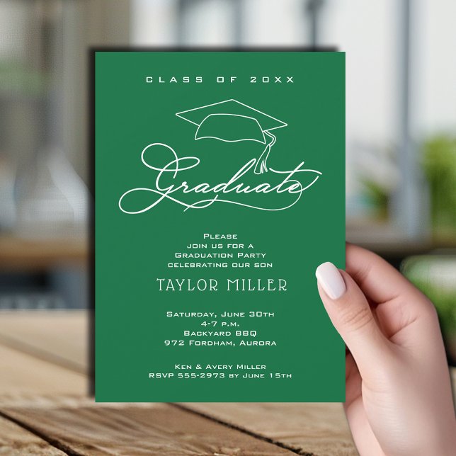 Grad Hat Green Graduation Party Invitation (Elegant white script and grad hat green graduation party invitations)