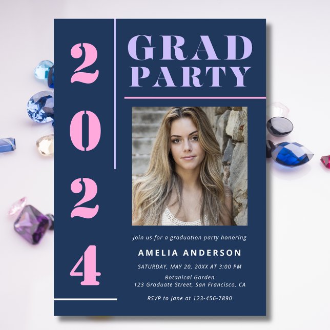Grad Modern Bold Blue Photo Graduation Party Invitation (Creator Uploaded)