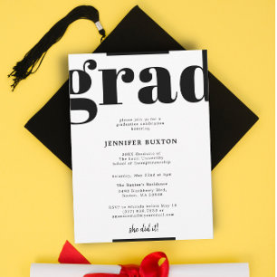 Grad Modern Check Black and White Graduation Party Invitation