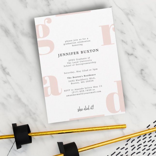 Grad Modern Chic Blush Pink Graduation Party Invitation (Creator Uploaded)