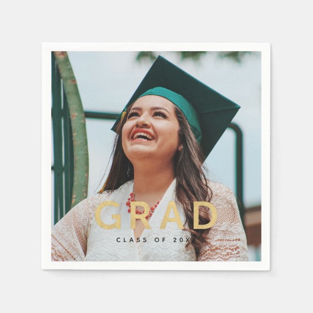 Grad Modern Gold Personalised Photo Graduation Napkin (Front)