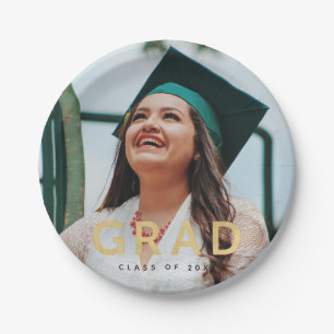 Grad Modern Gold Personalised Photo Graduation Paper Plate